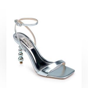 NEW BADGLEY MISCHKA Leather Sandals Heels Metalic Blue Dress Ankle Strap Sz 7